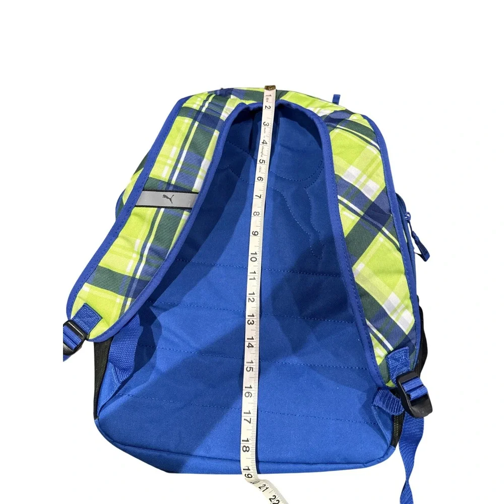 Puma Backpack Lime Green Navy Blue Plaid Sport School OSFA Pad Straps Like New